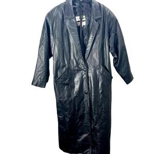 Vintage 1980s Silvercord Long Black Leather Trenchcoat Jacket Womens Small